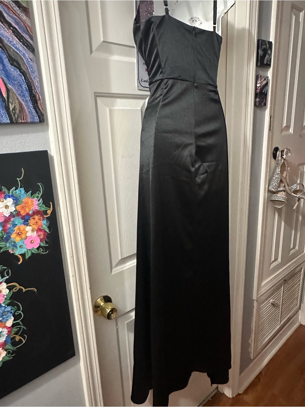 Elegant Black Satin Prom Gown with Ruched Bodice - Picture 6 of 6